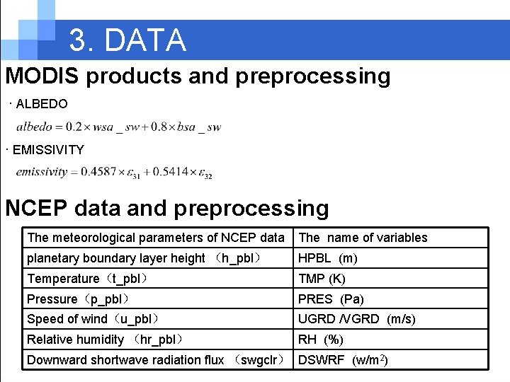 3. DATA MODIS products and preprocessing · ALBEDO · EMISSIVITY NCEP data and preprocessing