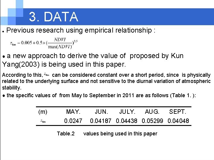 3. DATA ● Previous research using empirical relationship : ●a new approach to derive