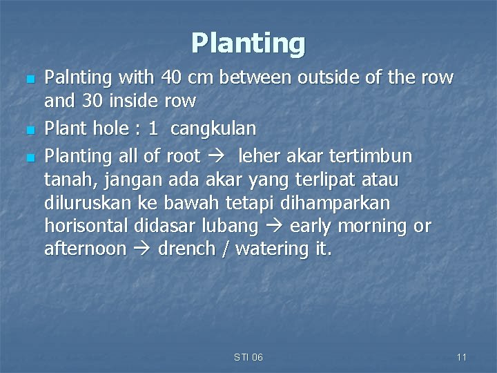 Planting n n n Palnting with 40 cm between outside of the row and