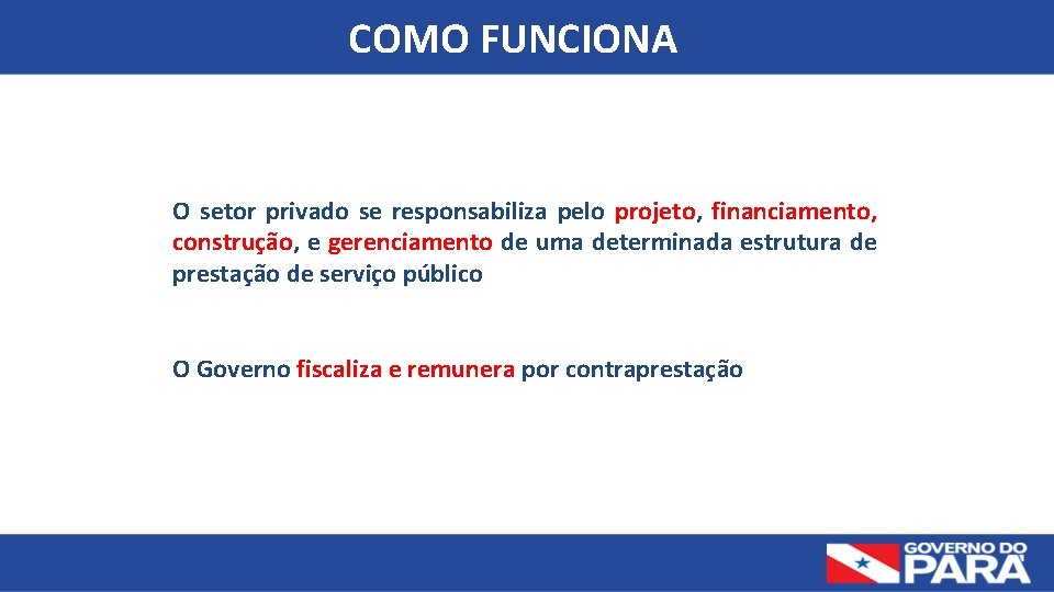 COMO FUNCIONA O setor privado se responsabiliza pelo projeto, financiamento, construção, e gerenciamento de