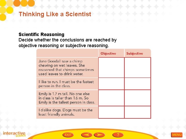 Thinking Like a Scientist Scientific Reasoning Decide whether the conclusions are reached by objective