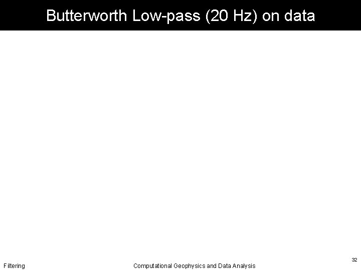 Butterworth Low-pass (20 Hz) on data Filtering Computational Geophysics and Data Analysis 32 