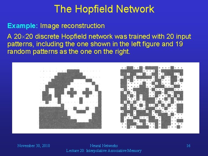 The Hopfield Network Example: Image reconstruction A 20 20 discrete Hopfield network was trained