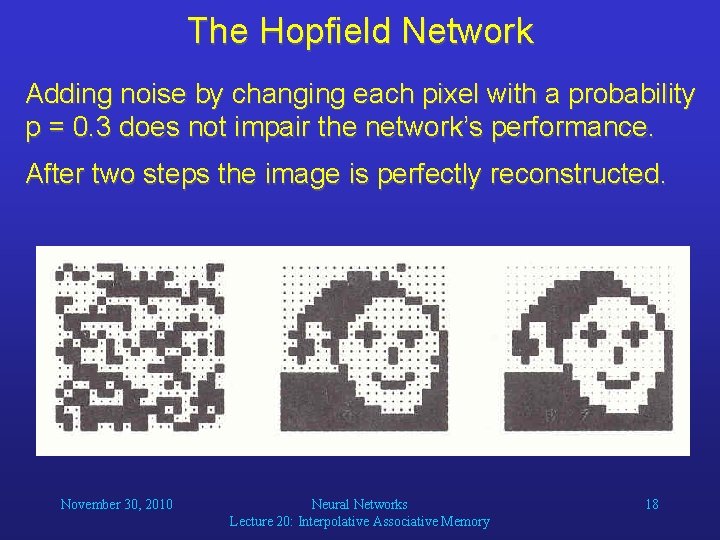 The Hopfield Network Adding noise by changing each pixel with a probability p =