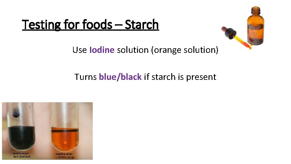 Testing for foods – Starch Use Iodine solution (orange solution) Turns blue/black if starch