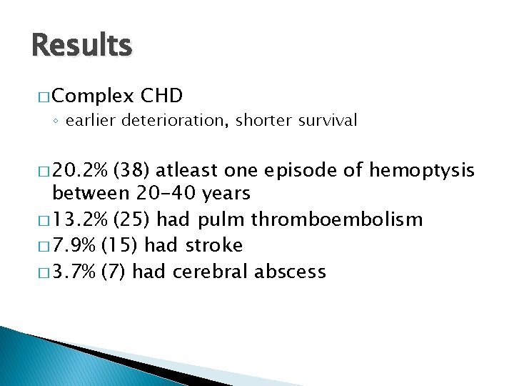 Results � Complex CHD ◦ earlier deterioration, shorter survival � 20. 2% (38) atleast