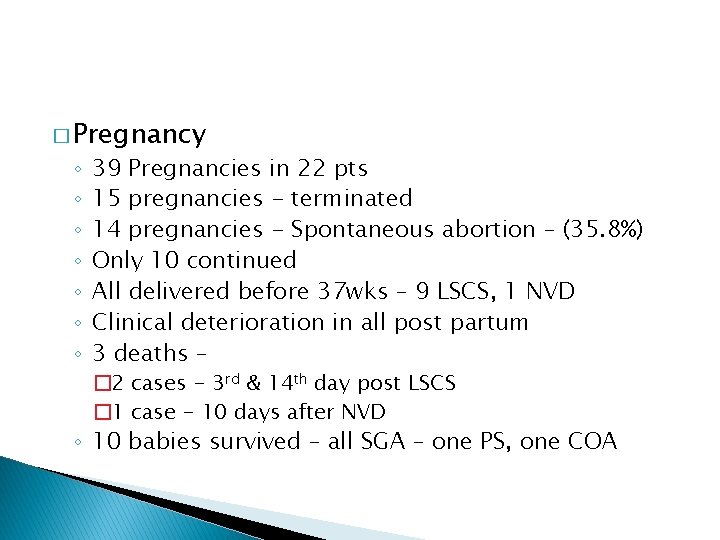 � Pregnancy ◦ ◦ ◦ ◦ 39 Pregnancies in 22 pts 15 pregnancies -