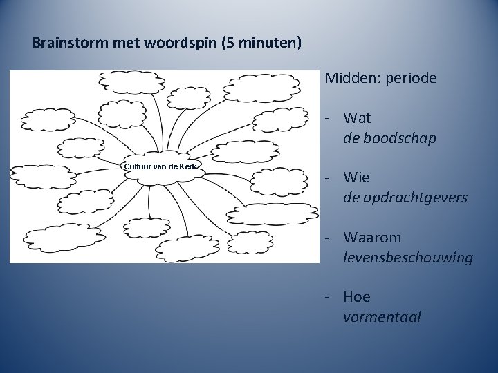 Brainstorm met woordspin (5 minuten) Midden: periode - Wat de boodschap Cultuur van de