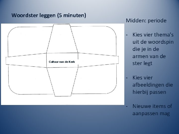 Woordster leggen (5 minuten) Cultuur van de Kerk Midden: periode - Kies vier thema’s