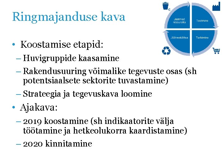 Ringmajanduse kava • Koostamise etapid: – Huvigruppide kaasamine – Rakendusuuring võimalike tegevuste osas (sh