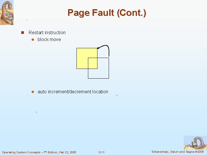 Page Fault (Cont. ) n Restart instruction l block move l auto increment/decrement location