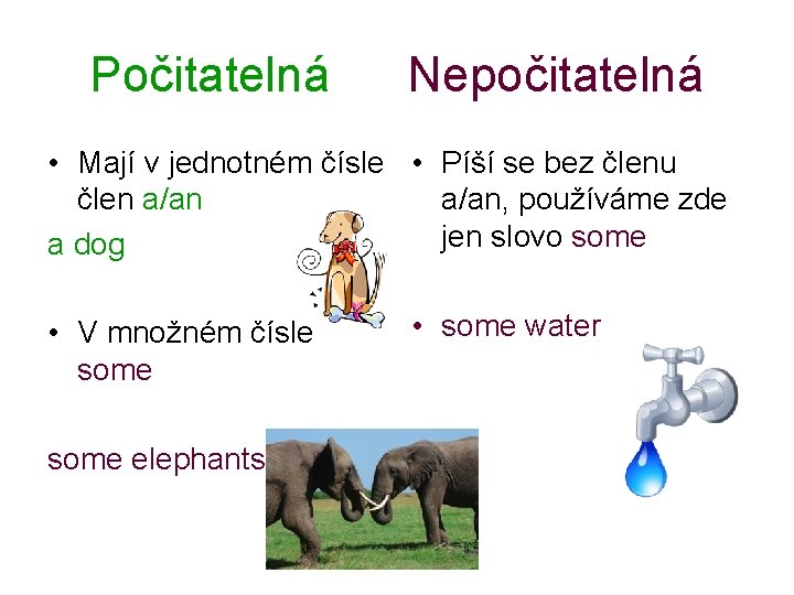 Počitatelná Nepočitatelná • Mají v jednotném čísle • Píší se bez členu člen a/an,