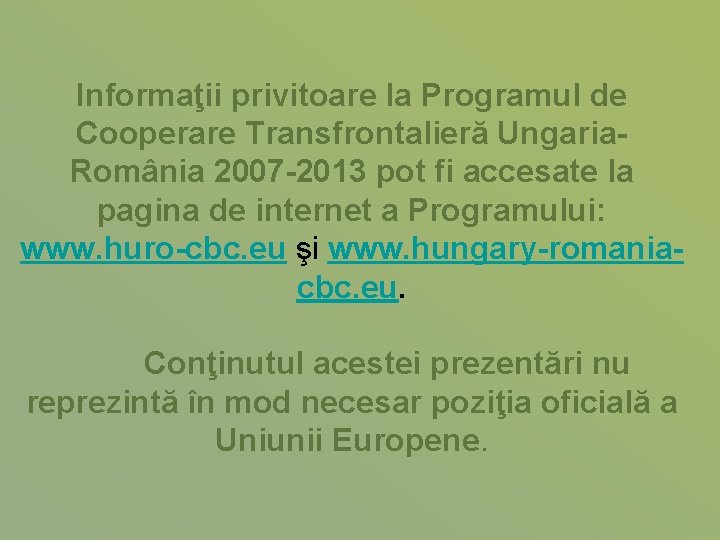 Informaţii privitoare la Programul de Cooperare Transfrontalieră Ungaria. România 2007 -2013 pot fi accesate