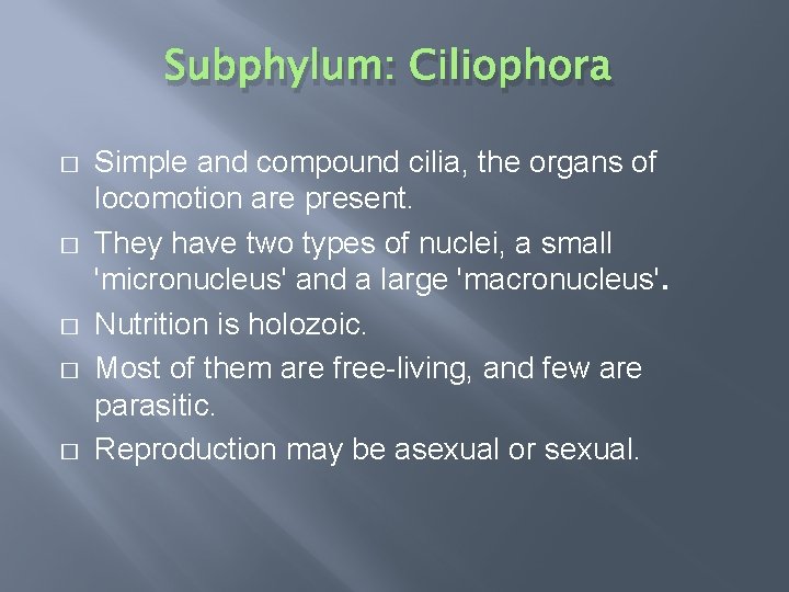 Subphylum: Ciliophora � � � Simple and compound cilia, the organs of locomotion are