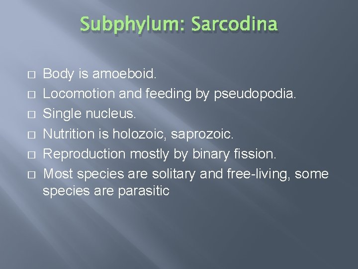 Subphylum: Sarcodina � � � Body is amoeboid. Locomotion and feeding by pseudopodia. Single