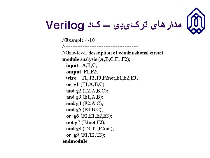 Verilog ﻣﺪﺍﺭﻫﺎی ﺗﺮکیﺒی – کﺪ //Example 4 -10 //--------------------- //Gate-level description of combinational circuit