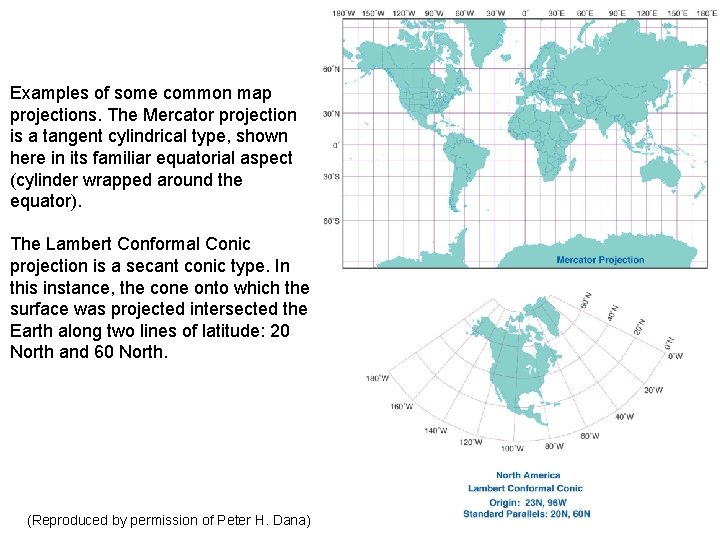 Examples of some common map projections. The Mercator projection is a tangent cylindrical type,
