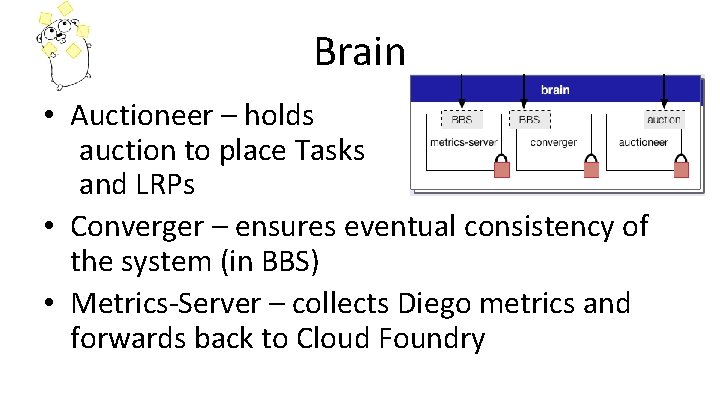 Brain • Auctioneer – holds auction to place Tasks and LRPs • Converger –