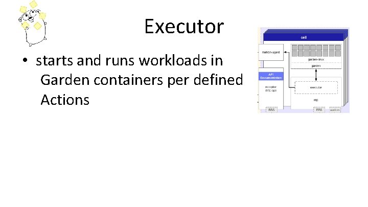 Executor • starts and runs workloads in Garden containers per defined Actions 