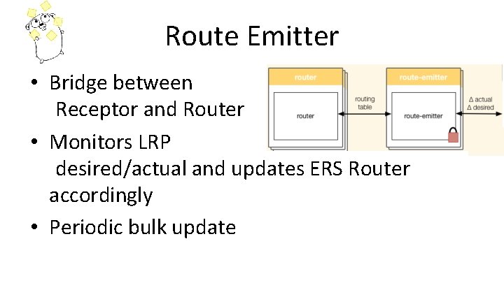 Route Emitter • Bridge between Receptor and Router • Monitors LRP desired/actual and updates