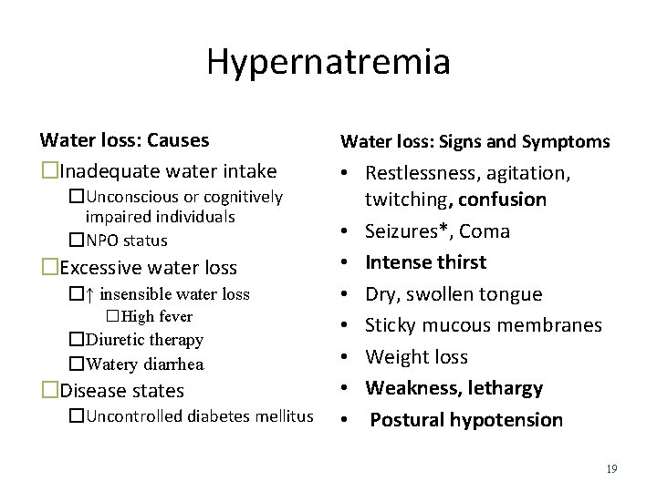 Hypernatremia Water loss: Causes �Inadequate water intake �Unconscious or cognitively impaired individuals �NPO status