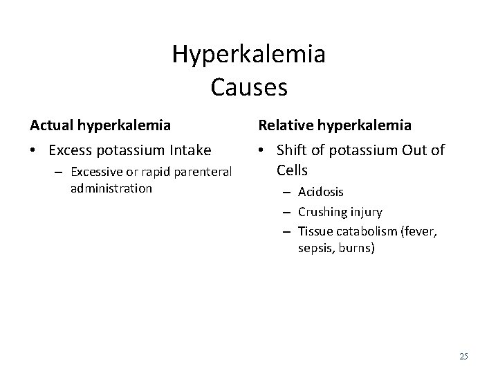Hyperkalemia Causes Actual hyperkalemia • Excess potassium Intake – Excessive or rapid parenteral administration