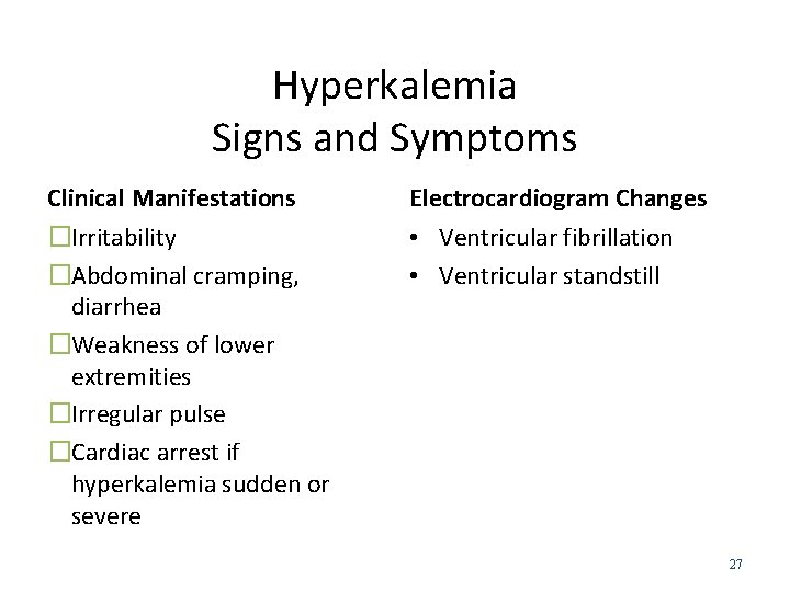 Hyperkalemia Signs and Symptoms Clinical Manifestations �Irritability �Abdominal cramping, diarrhea �Weakness of lower extremities