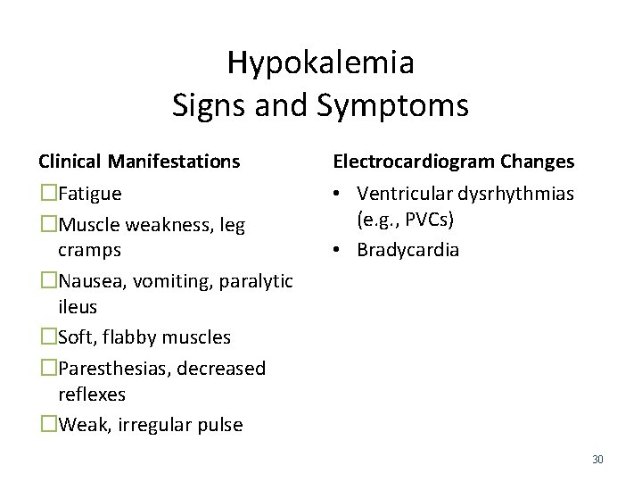 Hypokalemia Signs and Symptoms Clinical Manifestations �Fatigue �Muscle weakness, leg cramps �Nausea, vomiting, paralytic