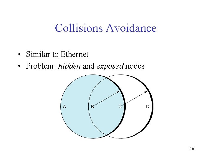 Collisions Avoidance • Similar to Ethernet • Problem: hidden and exposed nodes 16 