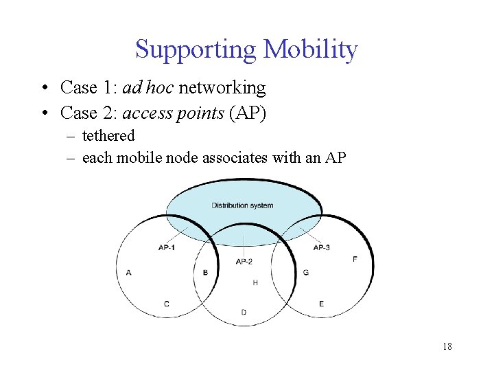 Supporting Mobility • Case 1: ad hoc networking • Case 2: access points (AP)