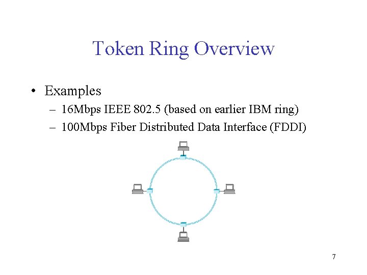 Token Ring Overview • Examples – 16 Mbps IEEE 802. 5 (based on earlier