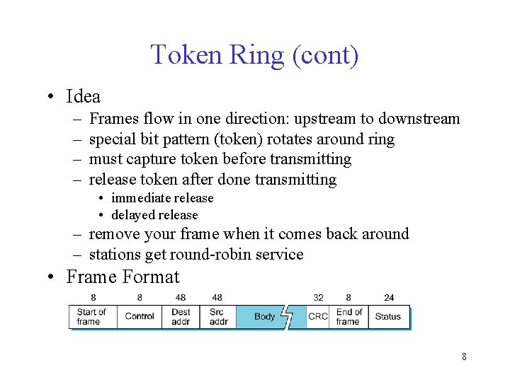 Token Ring (cont) • Idea – – Frames flow in one direction: upstream to