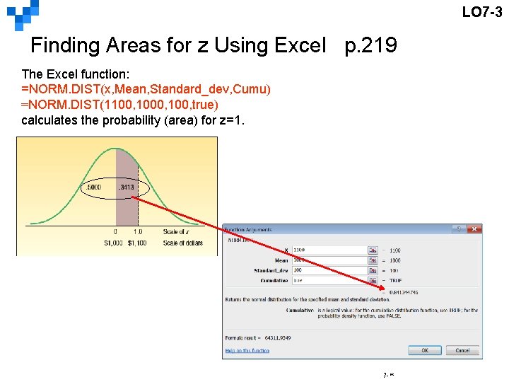 LO 7 -3 Finding Areas for z Using Excel p. 219 The Excel function: