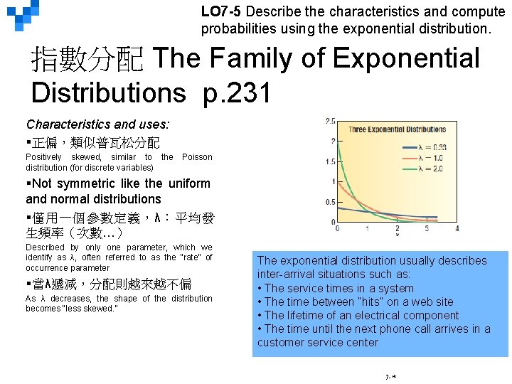 LO 7 -5 Describe the characteristics and compute probabilities using the exponential distribution. 指數分配