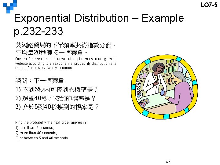 LO 7 -5 Exponential Distribution – Example p. 232 -233 某網路藥局的下單頻率服從指數分配， 平均每 20秒鐘接一個藥單。 Orders