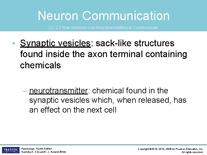 Neuron Communication LO 2. 2 How Neurons Use Neurotransmitters to Communicate • Synaptic vesicles: