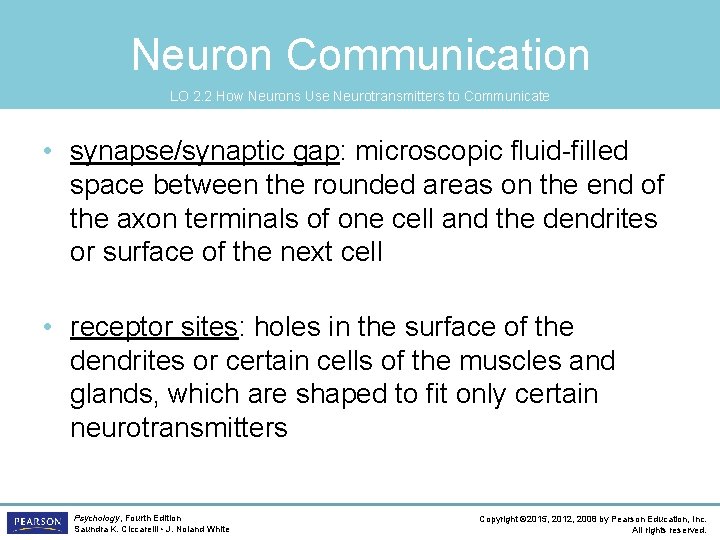 Neuron Communication LO 2. 2 How Neurons Use Neurotransmitters to Communicate • synapse/synaptic gap: