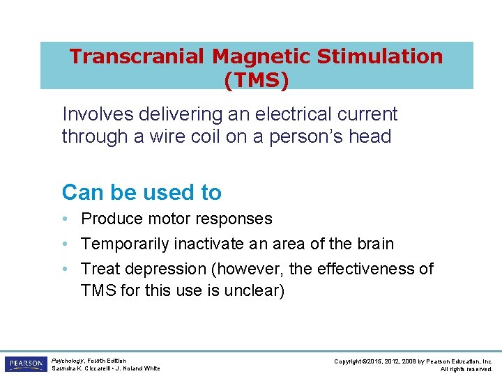 Transcranial Magnetic Stimulation (TMS) Involves delivering an electrical current through a wire coil on