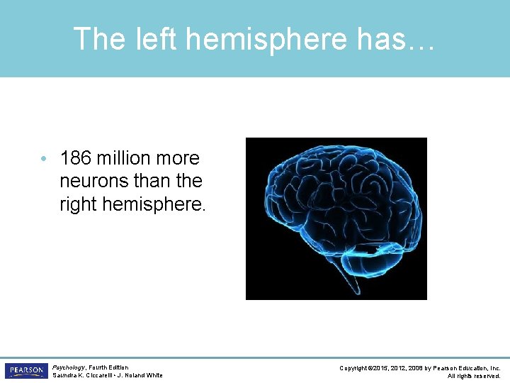 The left hemisphere has… • 186 million more neurons than the right hemisphere. Psychology,