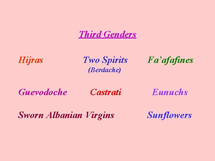 Third Genders Hijras Two Spirits Fa’afafines (Berdache) Guevodoche Castrati Sworn Albanian Virgins Eunuchs Sunflowers