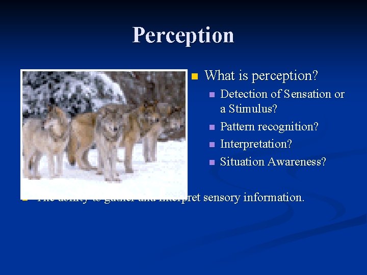 Perception n What is perception? n n n Detection of Sensation or a Stimulus? Perception n What is perception? n n n Detection of Sensation or a Stimulus?