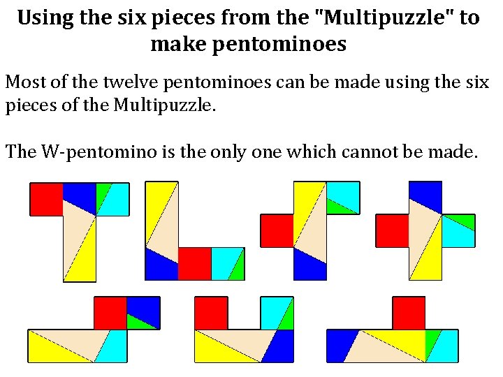 Using the six pieces from the "Multipuzzle" to make pentominoes Most of the twelve
