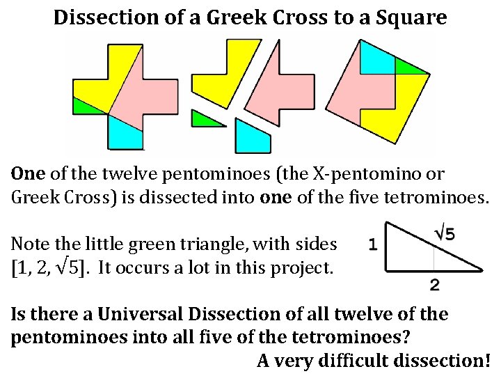 Dissection of a Greek Cross to a Square One of the twelve pentominoes (the