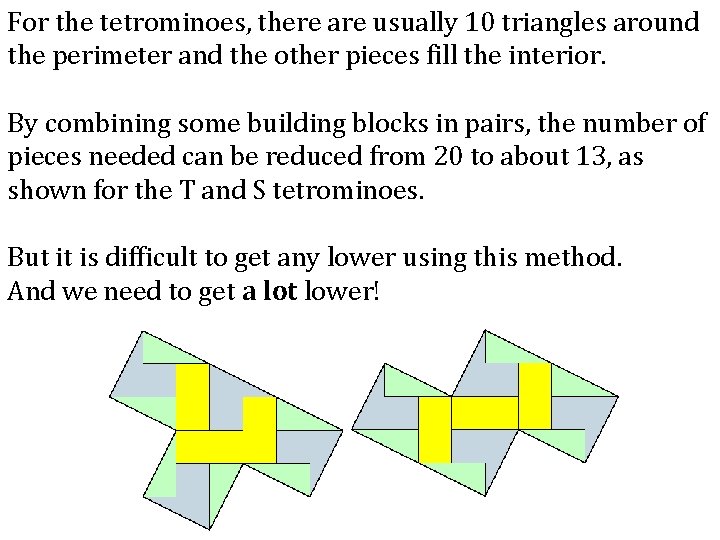 For the tetrominoes, there are usually 10 triangles around the perimeter and the other