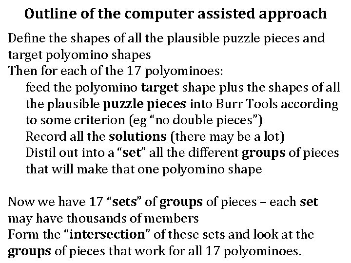 Outline of the computer assisted approach Define the shapes of all the plausible puzzle