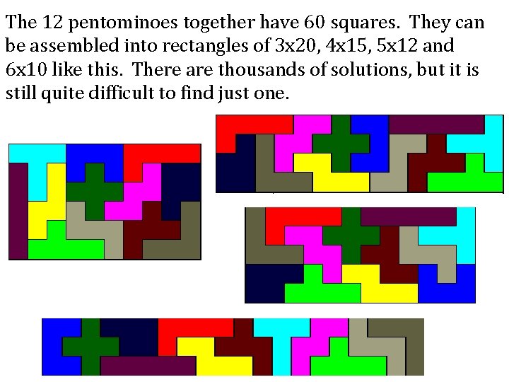 The 12 pentominoes together have 60 squares. They can be assembled into rectangles of