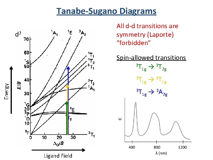 Tanabe-Sugano Diagrams All d-d transitions are symmetry (Laporte) “forbidden” d 2 Spin-allowed transitions 3