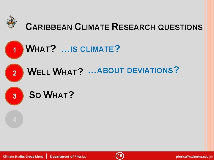 CARIBBEAN CLIMATE RESEARCH QUESTIONS 1 WHAT? …IS CLIMATE? 2 WELL WHAT? …ABOUT DEVIATIONS? 3