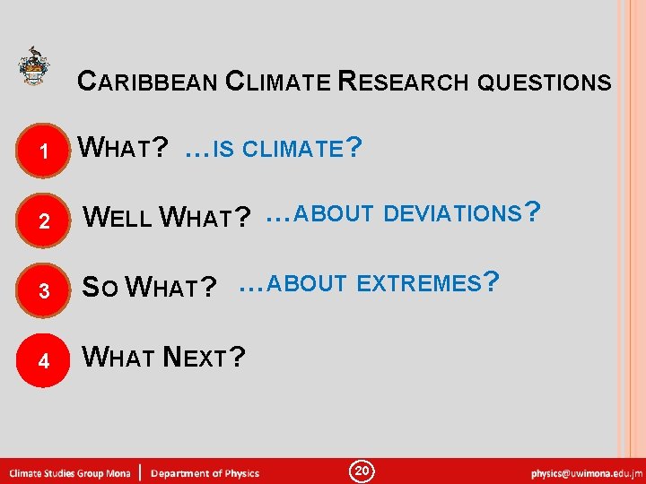 CARIBBEAN CLIMATE RESEARCH QUESTIONS 1 WHAT? …IS CLIMATE? 2 WELL WHAT? …ABOUT DEVIATIONS? 3