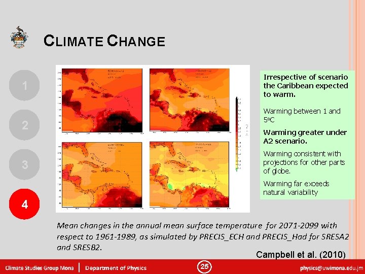 CLIMATE CHANGE Irrespective of scenario the Caribbean expected to warm. 1 Warming between 1